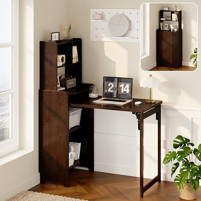 Bamboo Folding Desk with Bookshelf, Foldable Desk for Small Spaces, Brown | Space-Saving Computer Desk with Storage, Compact Size, Writing Study Table for Home Office, Bedroom, Dorm, Apartment by Usofhaus