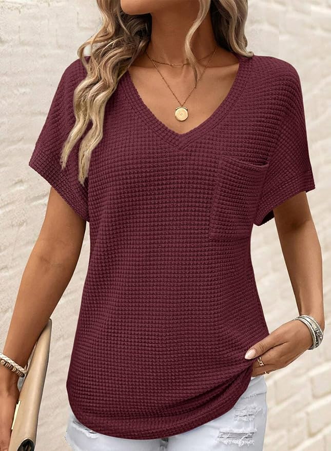 Dokotoo Womens Waffle Knit Tops 2026 Spring Summer V Neck Shirts Casual Trendy Women's Blouses Basic Tee - Image 2