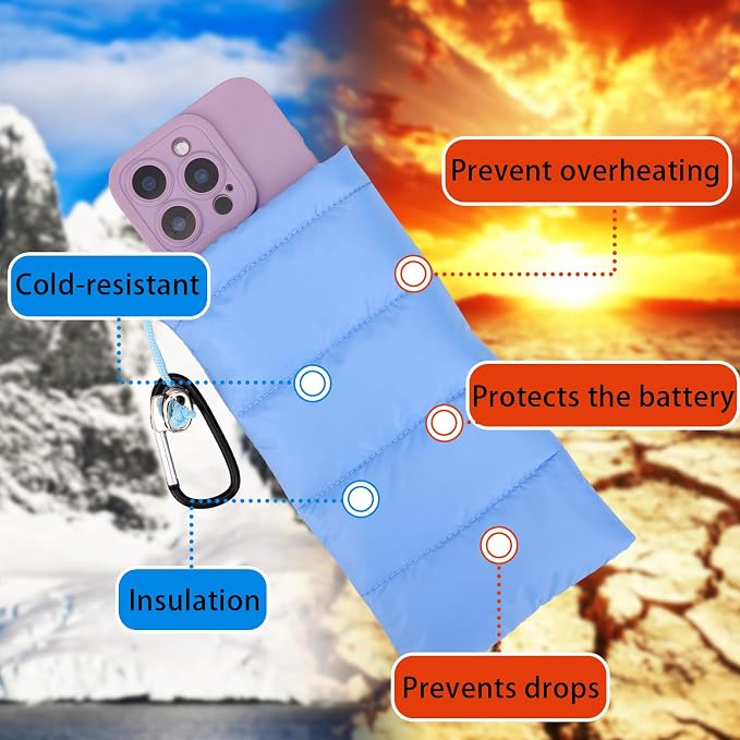 Lyreh Down Cotton Buckle Warm Phone Case, Protects from Freezing and Overheating, Perfect for Outdoor Camping (Light Blue) - Image 3