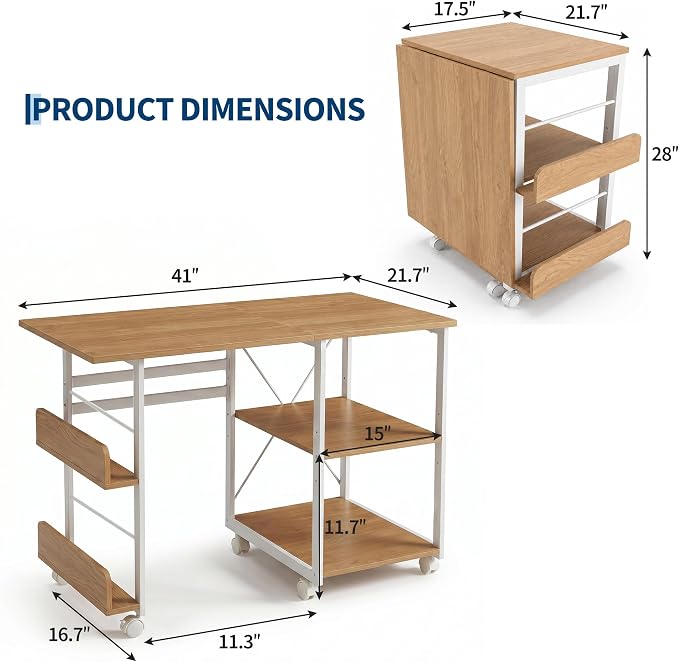 Garvee Folding Desk with Wheels, 31.5" Foldable Computer Desk with Storage Shelf, Space Saving Rolling Home Office Desk for Small Spaces, Portable Writing Table with Side Organizer, Oak - Image 2