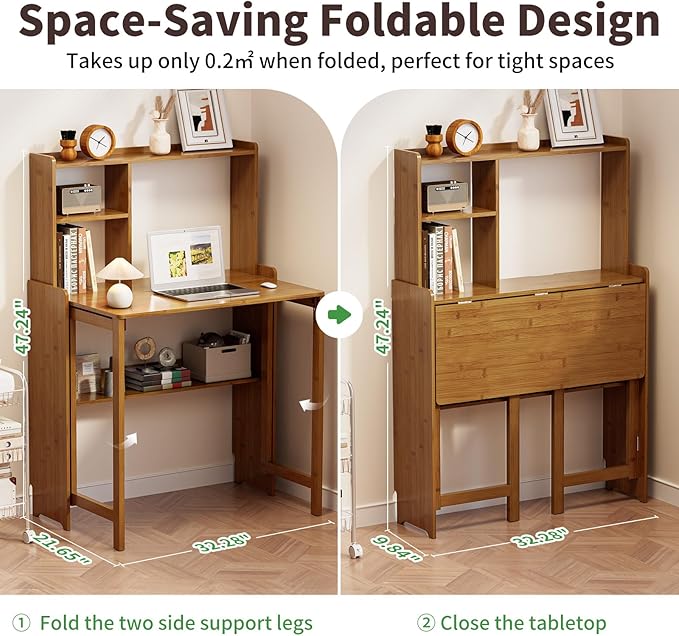 Folding Desk for Small Spaces, Bamboo Foldable Desk with Bookshelf, Brown | Small Computer Desk with Storage, Mid Century, Fold Out，Compact Size, for Bedroom, Living Room, Apartment, Home Office - Image 2