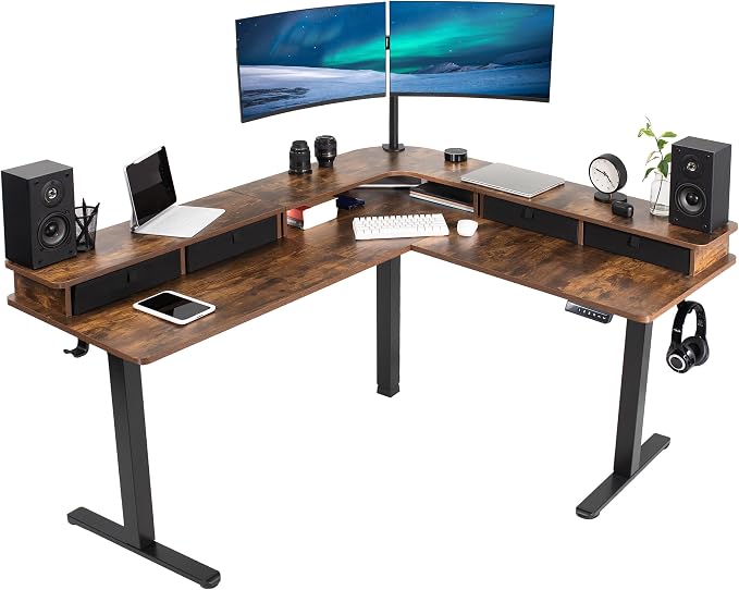 VIVO Vintage Brown 63 x 55 in Corner Standing Desk, DESK-E3CVN | Electric, 2-Tier, L-Shaped, Sit Stand, Height Adjustable, Memory, Rustic Vintage Brown Top, Black Frame, Black Drawers by Unknown