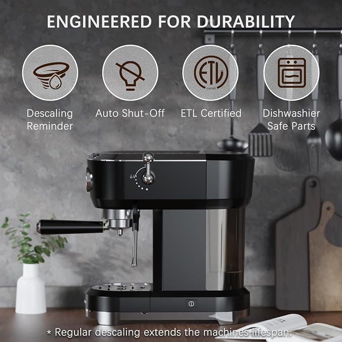 Espresso Machine with Powerful Steam Milk Frother, 20 Bar Coffee Machine for Latte, Cappuccino, Compact Espresso Maker for Home, Fast Heating, 42oz Removable Water Tank, Black - Image 8