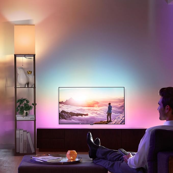 Gupuzm Floor Lamp with Shelves, with Modern Square Standing Lamp with Smart APP Control RGB Bulb, Corner Display Bookshelf Lamp for Living Room, Bedroom and Office(brown-9RGB) - Image 8