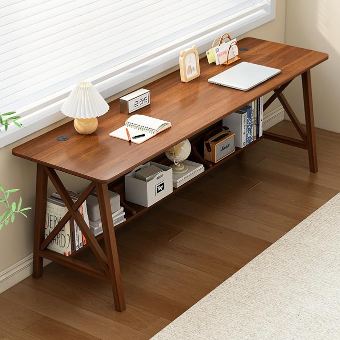 NELYE Extra Long Writing Desk with Bookshelf, 71" Wx20 Dx30 H, Walnut | Wooden Home Office Work Study Table, Computer Gaming Workstation with Storage Shelf, Sturdy MDF Resists Wobble by NELYE