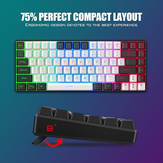 RedThunder K84 Wireless Keyboard and Mouse Combo, LED Rainbow Backlit Rechargeable Battery, 75% Layout TKL Ultra Compact Gaming Keyboard & Lightweight 3200 DPI Honeycomb Optical Mouse (White-Black) - Image 5