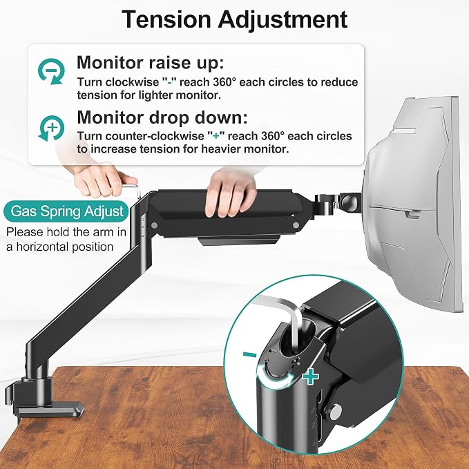 MOUNT PRO Heavy Duty Monitor Arm for 49 inch Ultrawide Screen up to 44 lbs, Single Desk Computer Mount Curved Monitor Stand for Samsung Odyssey G9, Adjustable Gas Spring VESA Mount 75x75 100x100 - Image 9