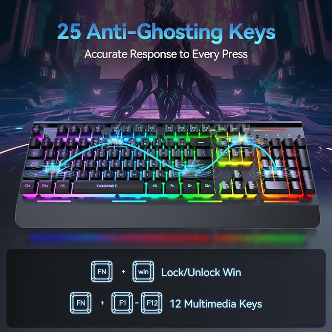TECKNET Wireless Gaming Keyboard, 4000mAh Rechargeable Keyboard | 2-in-1 (2.4G Wireless & Wired) Connection, 15-Zone RGB Backlit, Whisper Quiet Design, 25 Anti-ghosting Keys, Metal Panel - Image 5