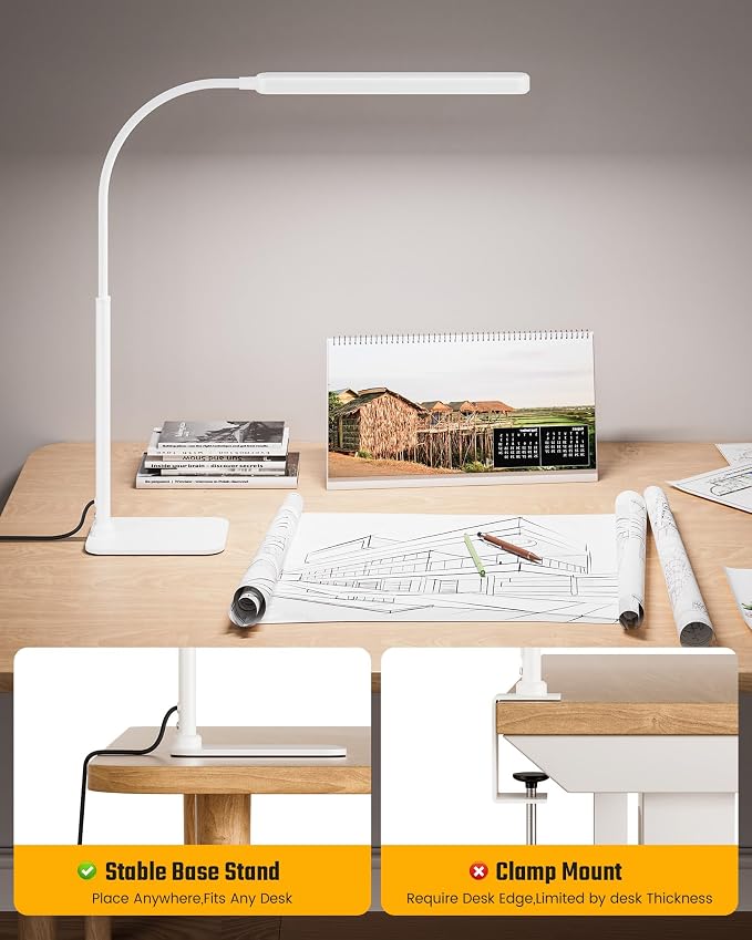 SUPERDANNY Eye-Caring LED Desk Lamp with Base 360° Flexible Gooseneck Work Lamp Touch Control 3 Light Colors Smooth Dimming Task Lighting Reading Light for Home Office College Dorm, White - Image 6