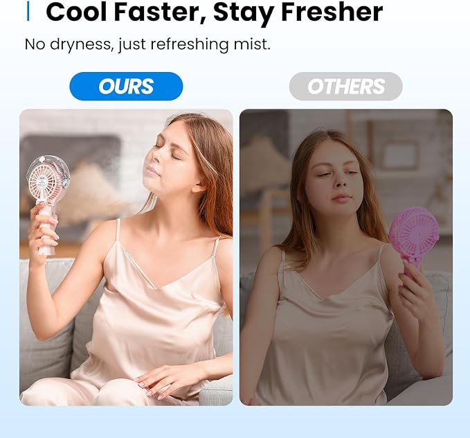 KIBEE Portable Misting Fan, 4000mAh Rechargeable Handheld Fan with 50ml Water Tank, Foldable 180° Mini Fan with Mist Spray, 3-Speed Personal Cooling Fan for Travel, Makeup, Concerts, Outdoor Use, Pink - Image 5