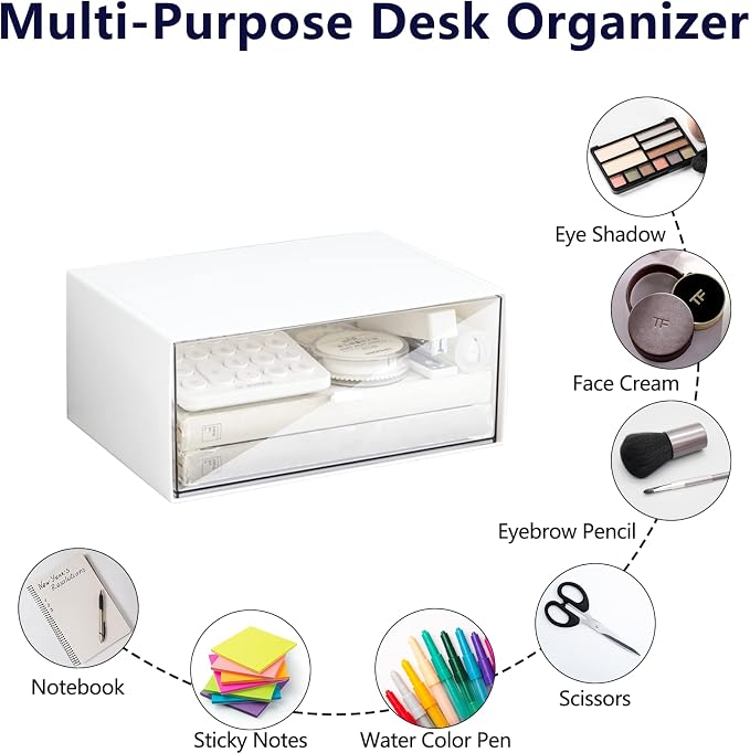 Desk Drawer Organizer, Stackable Storage Drawers, Plastic White Desk Organizers Great for Makeup Storage Bathroom Organization Accessories Etc - Large 1 Drawers (White) - Image 5