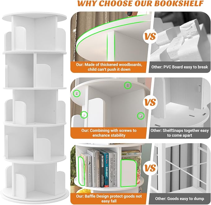 Aheaplus Rotating Bookshelf, 360 Display Wood Spinning Bookshelf Tower, 5 Tier Floor Standing Bookcase Storage Rack, Revolving Bookcase Corner Bookshelfs for Small Space, Bedroom, Study Room, White - Image 6