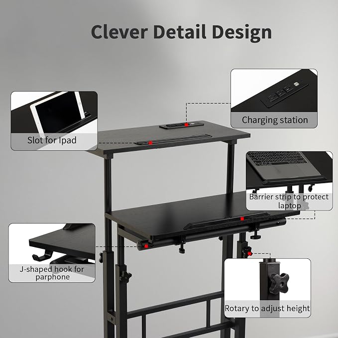 Hadulcet Mobile Standing Desk with Charging Station, Adjustable Standing Computer Desk, Standing Adjustable Laptop Cart with Wheels for Home Office Classroom Black - Image 9