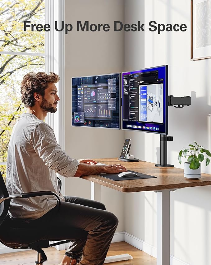 HUANUO Dual Monitor Mount for 13-32 Inch Screens, 17.6 lbs per Arm | Dual screen setup, tilt, swivel, rotation, 16.3 inch pole, cable clips, C-clamp or grommet, VESA 75x75/100x100mm - Image 7