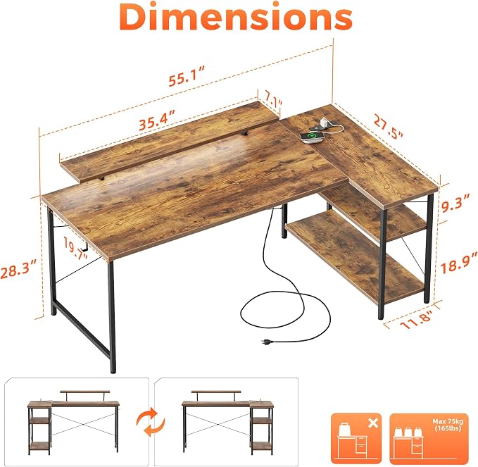 Mericonia 55 in L Shaped Gaming Desk, Large Corner Desk with Monitor Stand | Reversible Computer Desk with Power Outlets, LED Light & Storage Shelves, Office Table for Home Bedroom Study Work Writing - Image 2