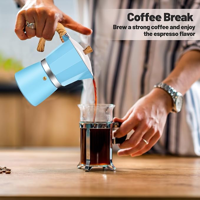3 Cup Aluminum Moka Pot Classic Stovetop Espresso Coffee Maker 150ml 5oz Coffeemaker Percolator Mocha Pot Greca Coffee Maker Cafe Makers for Italian and Cuban Café Brewing Blue - Image 9