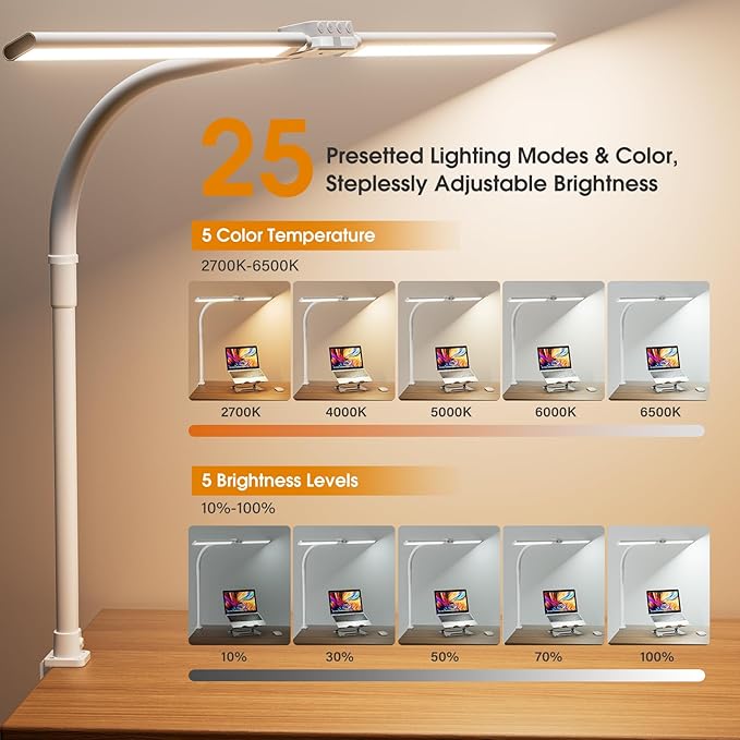 SIBRILLE LED Desk Lamp for Home Office - Dimmable Computer Desk Light with Clamp, Modern Architect Task Lamp with Color Changing, Flexible Desktop Lamp with Gooseneck for Monitor, Double Head, White - Image 3
