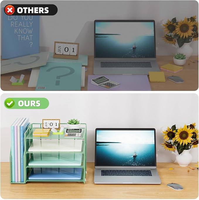 Marbrasse 4-Tier Paper Tray Organizer with File Holder, Green | Sturdy Paper Tray, Built-in File Holder, fits Letters/Docs, Saves Desk Space, for School/Office/Home - Image 2