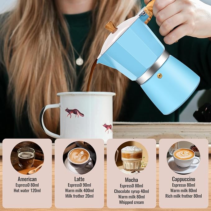 9 Cup Aluminum Moka Pot Classic Stovetop Espresso Coffee Maker 450ml 15oz Coffeemaker Percolator Mocha Pot Greca Coffee Maker Cafe Makers for Italian and Cuban Café Brewing Blue - Image 7