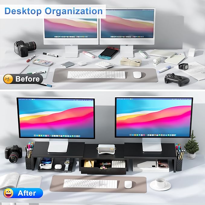 gianotter Dual Monitor Stand Riser, Desk Organizer With Drawer and 2 Pen Holders, Computer Monitor Stand, Desk Shelf for Top of Desk (Black) - Image 2