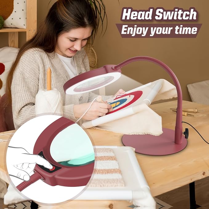 10X Magnifying Glass with Light and Stand, 5 Color Modes Stepless Dimmable LED Lighted Desk Lamp, Hands Free Flexible Gooseneck Magnifier with Light for Craft Hobby Painting Close Work - Red - Image 5