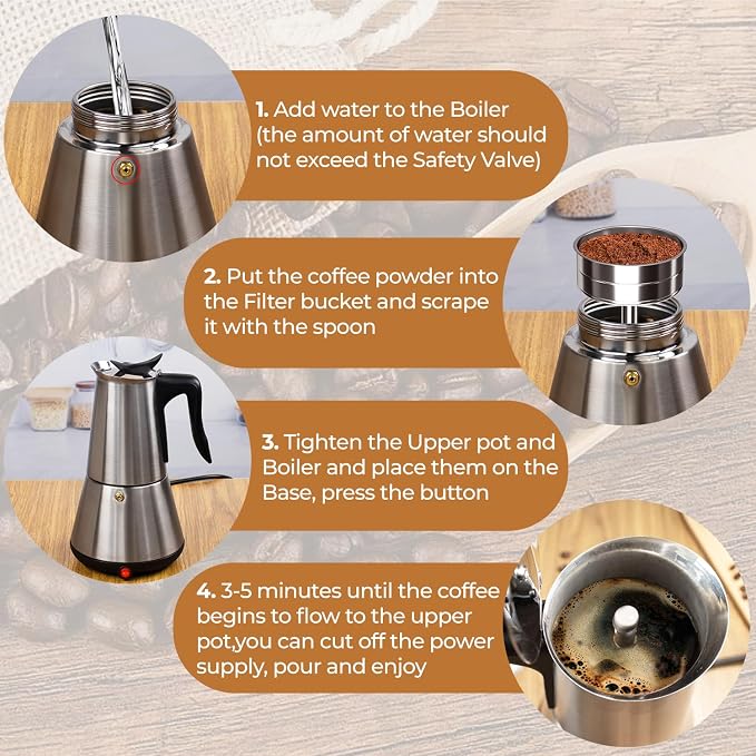Electric Stainless Steel Moka Pot 6 Cup 300ml Mocha Pot | Espresso Maker with Detachable Base Ideal Coffee Maker for Home Italian and Cuban Café Coffeemaker Espressomaker Coffee Pot - Image 6
