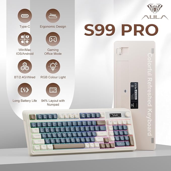 AULA S99 Pro Wireless Keyboard, Gaming Keyboards Media Knob Custom RGB Backlit, 3-Modes BT/2.4G/USB-C Membrane Cute Creamy Keyboard for Windows/MAC/PC Gamer - Blue White - Image 2