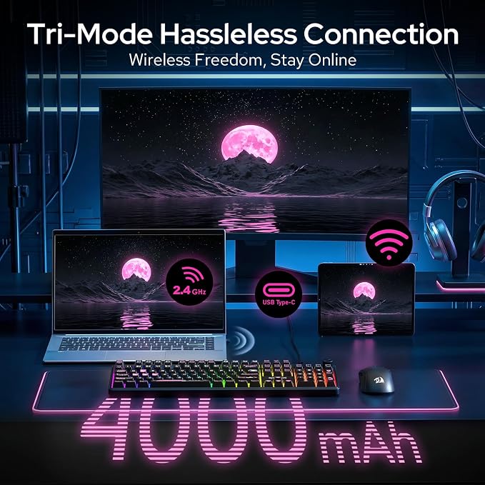 Redragon K526 PRO Wireless RGB Membrane Gaming Keyboard, LED Screen & Knob | See Battery, Mode & Time at a Glance, 0-Delay Tri-Mode, One-Touch Backlit & Media Adjust, 26-Key Anti-Ghost for Combo-Strike - Image 4