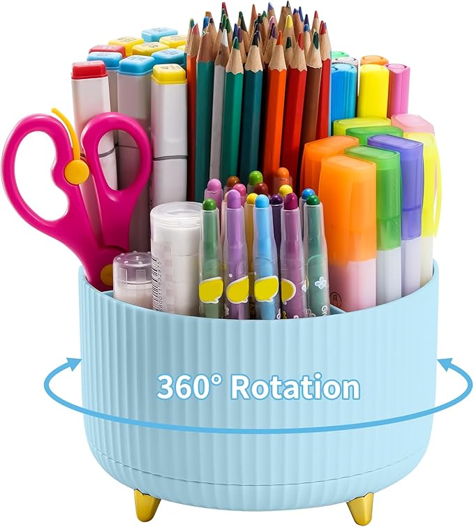 Marbrasse Desk Organizer, 360-Degree Rotating Pen Holder, Desk Organizers and Accessories with 5 Compartments Pencil Holder, Art Supply Storage Box Caddy for Office, Home（Light Blue） by Marbrasse