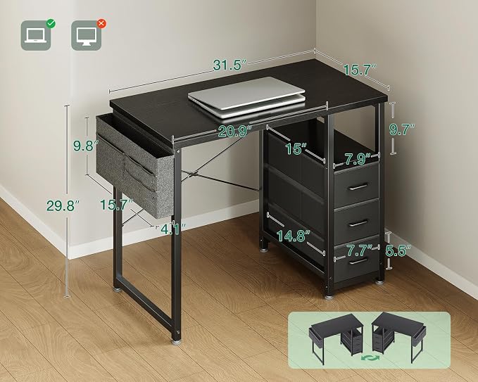 AODK 32 Inch Small Computer Desk with Fabric Drawers, Black | Mini Desk with Storage Shelf & Bag, Kids Study Desk for Bedroom, Home Office Desk for Small Space - Image 3
