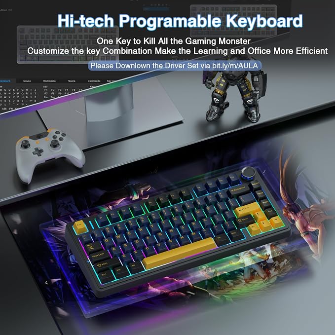 AULA F75 75% Wireless Mechanical Keyboard, Hot Swappable Creamy Keyboard, Pre-lubed Greywood Switches RGB Backlit Gaming Keyboards, 2.4GHz/Type-C/BT5.0(Cool Black) - Image 6