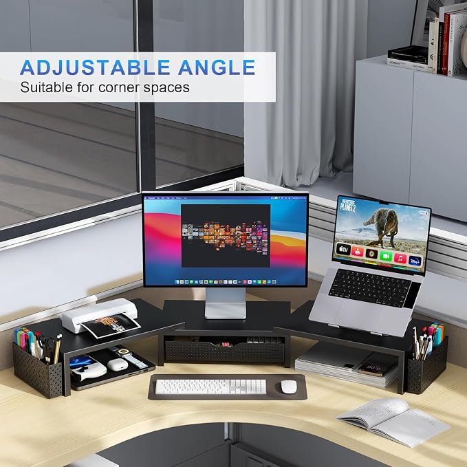 gianotter Dual Monitor Stand Riser, Desk Organizer With Drawer and 2 Pen Holders, Computer Monitor Stand, Desk Shelf for Top of Desk (Black) - Image 5