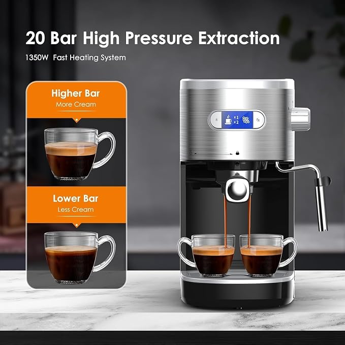 COWSAR Commercial-Grade Espresso Machine, 20Bar High Pressure Compact Coffee Maker with Milk Frother Steam Wand. Equipped with 45oz Detachable Water Tank, Ideal for Brewing Cappuccino - Image 3