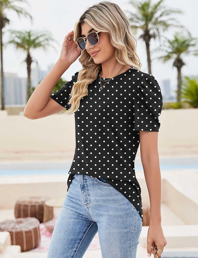 Ivicoer Puff Short Sleeve Shirt for Women Eyelet Tops Summer Crewneck Blouse Loose Fit S-XXL - Image 4