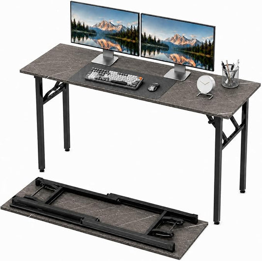 Folding Table Computer Desk - 55.1" No Assembly Folding Desk Design and Foldable Office Desk, Small Desk for Bedroom, Compact Storage Portable Use for Dorm and RV Small Space, Marble Greige by HMFOR