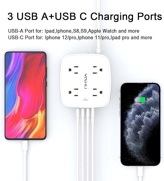 15 Ft Surge Protector Power Strip - 8 Widely Outlets with 4 USB Ports, 3 Side Outlet Extender with 15 Feet Extension Cord, Flat Plug, Wall Mount, Desk USB Charging Station, ETL, White - Image 3