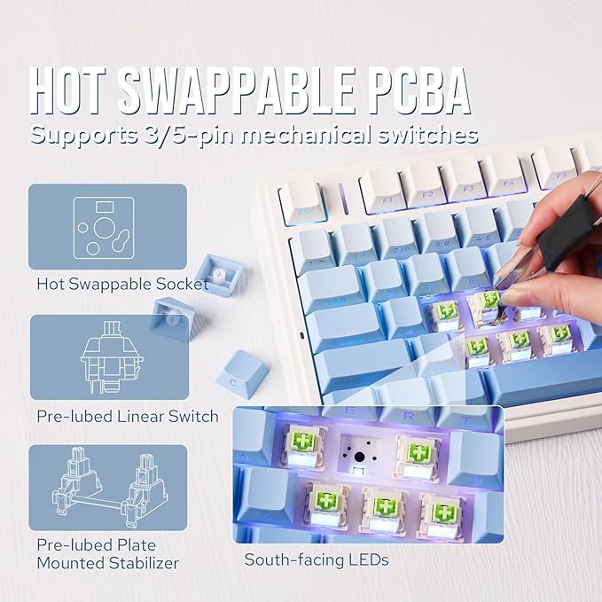 EPOMAKER x Aula F75 Gasket Mechanical Keyboard, 75% Wireless Hot Swappable Gaming Keyboard with Five-Layer Padding&Knob, BT/2.4GHz/USB-C, RGB (Blue Gradient, LEOBOG Reaper Switch) - Image 4