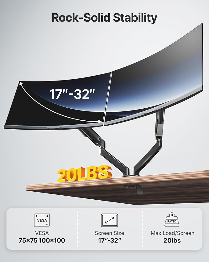 monTEK Dual Monitor Stand for Desk, 17-32 Inch Mechanical Spring Dual Arm, Heavy Duty Steel Adjustable Monitor Mount, Full Motion VESA 75x75/100x100, C-Clamp & Grommet, Holds Up to 20 lbs Each - Image 4