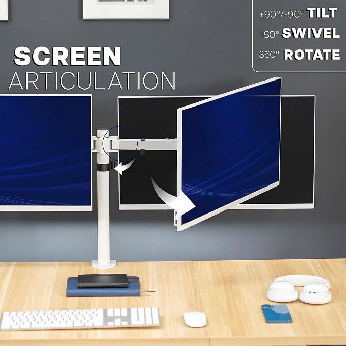 VIVO Dual LCD LED 21 to 32 inch Monitor Desk Mount, Heavy Duty, Adjustable Telescoping Arms, Flush Wall Setup, Fits 2 Screens, White, STAND-V002EW - Image 7