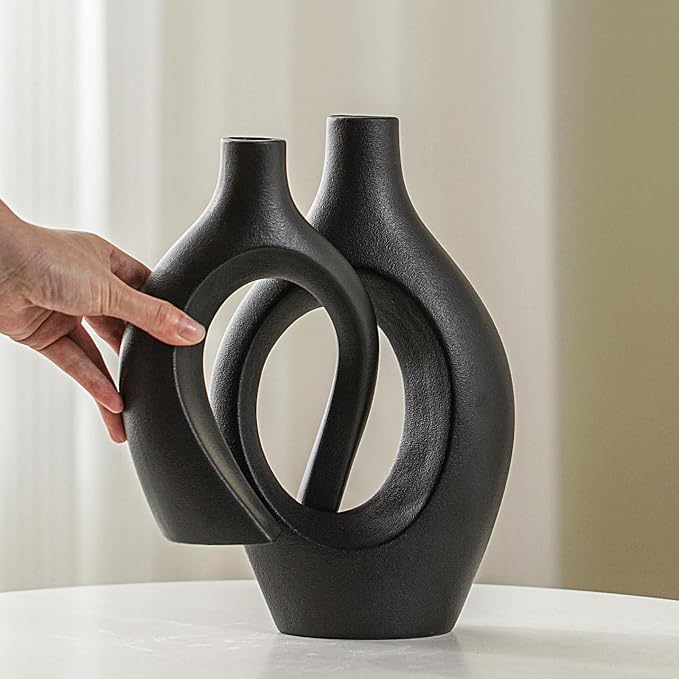 Lvases Snuggle Hollow Modern Ceramic Vase Set of 2, Mid Century Nordic Aesthetic Decorative Vase Decorative Vases for Home Table Decor (Matte Black W 6.8" X H 11") - Image 3
