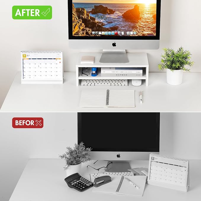 BEYGORM White Monitor Stand Riser for Desk,2 Tiers Wood Desk Shelf Computer Screen Stand with Storage for Desktop Laptop/Screen/TV/PC/Printer,Multifunctional Desktop Organizer 16.5 x 7.8 x 5.2 inch | Computer Screen Stand with Storage, For Desktop Lapt... - Image 3