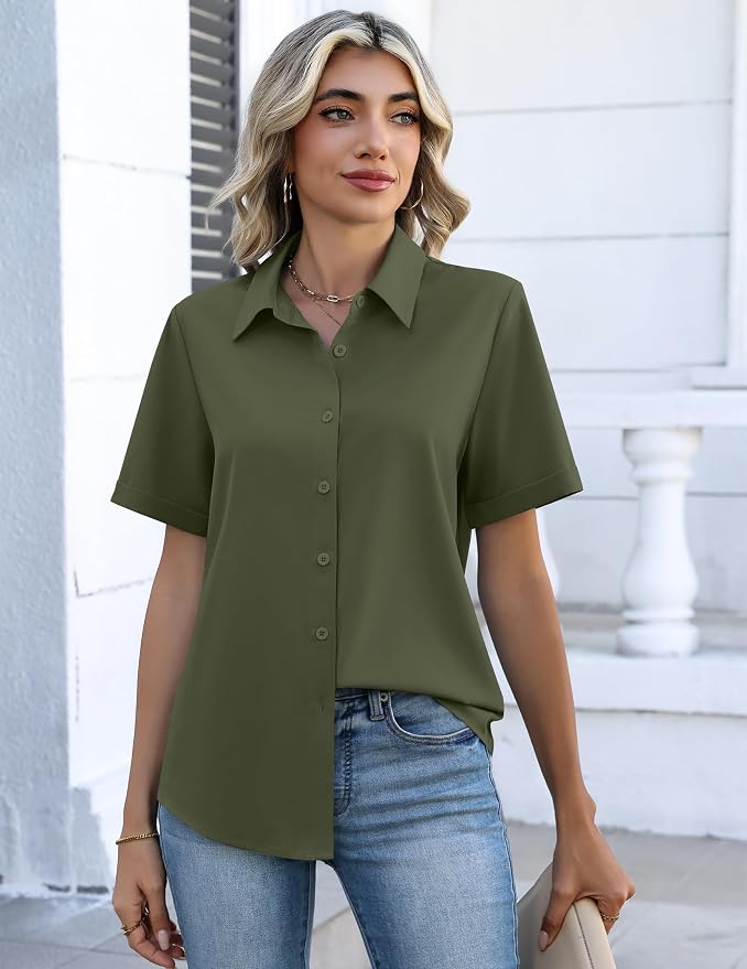 Zeagoo Button Down Shirts for Women Short Sleeve Collared Tops Dressy Casual V Neck Blouses - Image 4