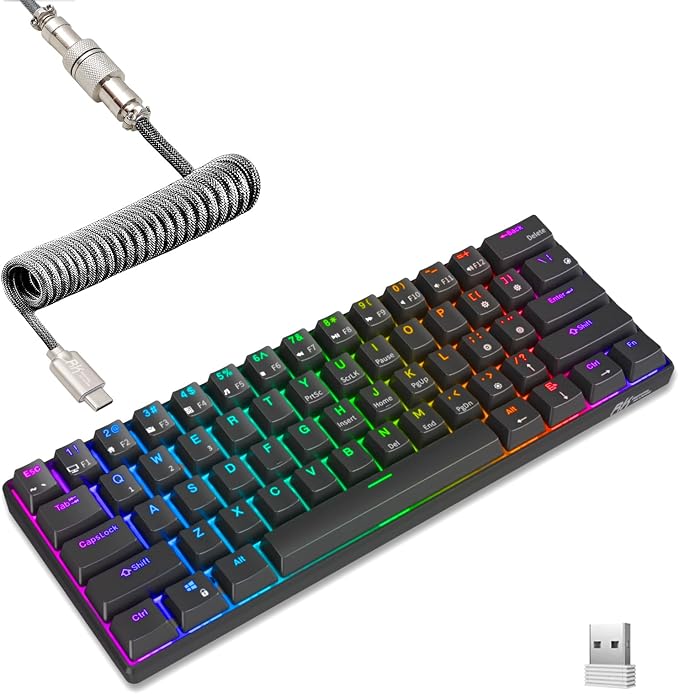 RK ROYAL KLUDGE RK61 Wireless Mechanical Keyboard, 60% Percent RGB, Black | Bluetooth/2.4GHz/Wired Hot Swappable PC Gaming Keyboard, 61 Keys Ultra-Compact for Win/Mac, Coiled Cable, Clicky Blue Switch by RKROYALKLUDGE
