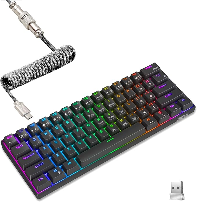 RK ROYAL KLUDGE RK61 Wireless Mechanical Keyboard with Coiled Cable, Black | 60% RGB Gaming Keyboard with Bluetooth/2.4G/Wired, Hot Swappable 61 Keys Ultra-Compact for Win/Mac/PC Game, Linear Red Switch by RKROYALKLUDGE