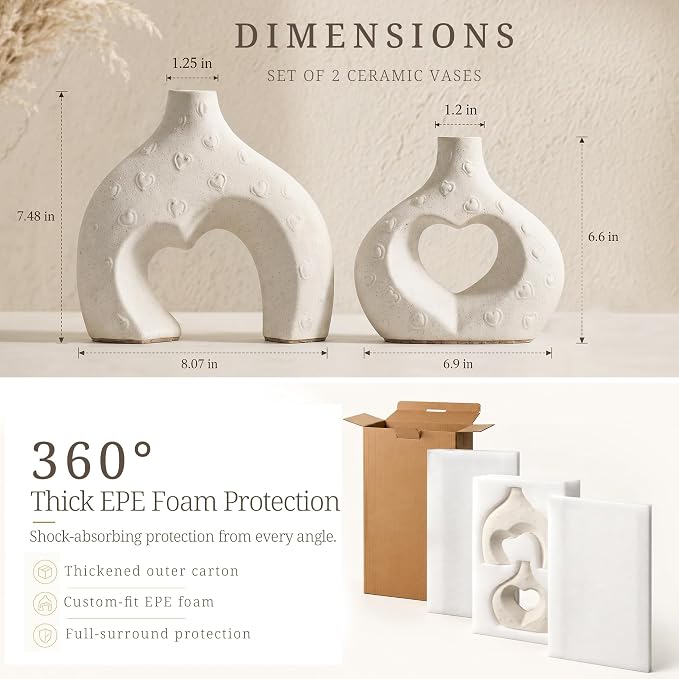 White Ceramic Flower Vases Table Decor Heart Shaped Vase Set of 2 | Nordic Heart Shaped Vases Minimalist Decorative Vase for Table Centerpiece Wedding Dining Living Room Office House Decoration - Image 2