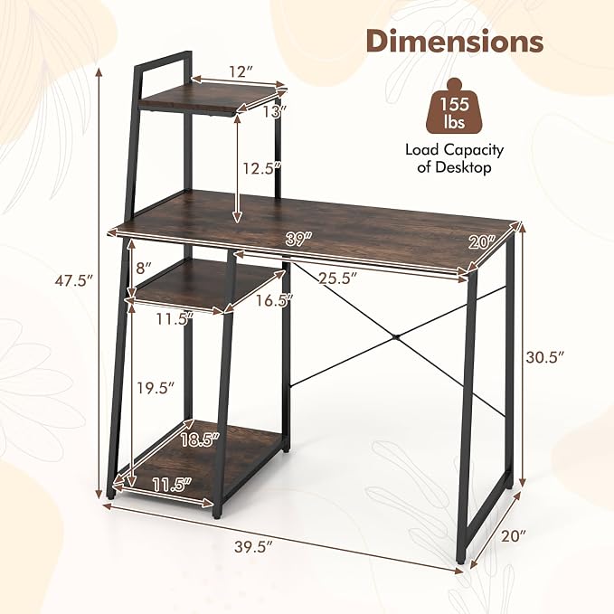 Giantex Computer Desk with Shelves, 47.5” Home Office Desk with Bookshelf, Host Stand, Metal Frame, PC Laptop Workstation, Modern Study Writing Desk for Bedroom, Small Space (Rustic Brown & Black) - Image 3