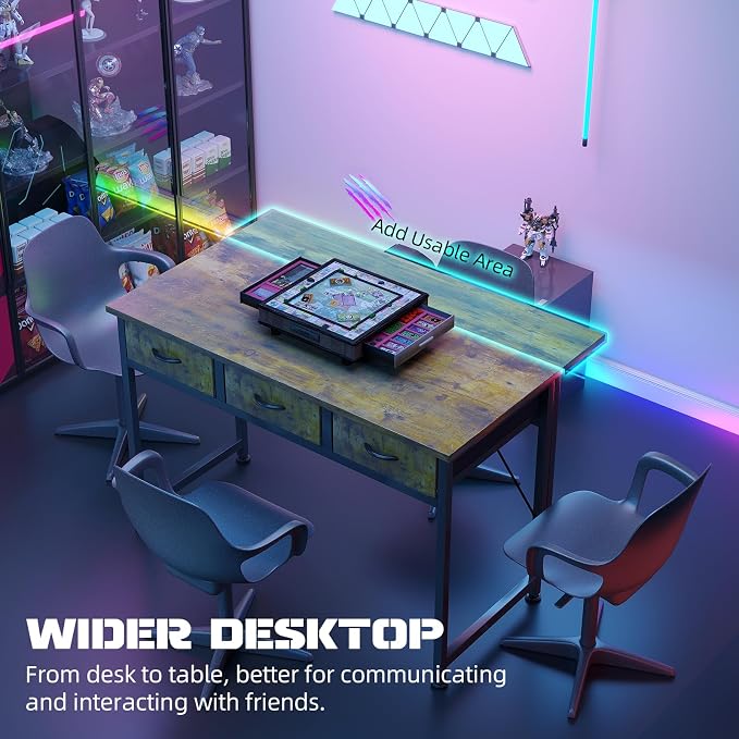 MUTUN Computer Desk with Drawers, 40 Inch Computer Desk with Power Outlet & LED Light, Gaming Desk with Adjustable Monitor Stand & Pegboard, Modern PC Study Writing Table for Bedroom, Rustic Brown - Image 5