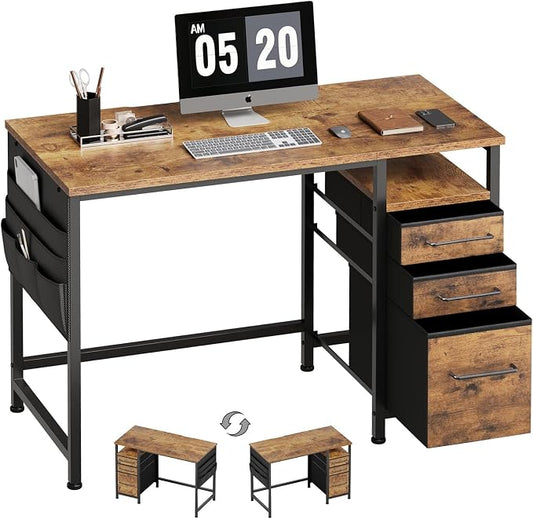 Maihail Small Desk with Drawers, Office Desk with Storage Shelves, Brown2 | 40 Inch Desktop, Metal Frame, 3 Fabric Drawers, Storage Shelves, Computer & Writing Desk, Office Gaming Workstation by Maihail