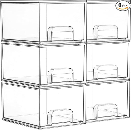 Vtopmart 6 Pack Small Clear Stackable Storage Drawers,Acrylic Bathroom Makeup Organizer,Plastic Storage Bins For Vanity, Undersink, Kitchen Cabinets, Pantry, Home Organization by Vtopmart
