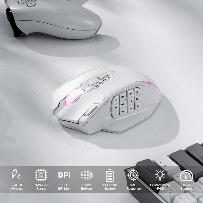 Redragon M913 Wireless RGB MMO Gaming Mouse 16000 DPI Remapping Keys | Cable-Free 0 Delay Dedicated for FPS Gamers, Redefine Keybinding Macro, Vibing Backlight, Ergonomic Grip Body Comfort - Image 2